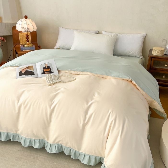 艾迪尚家纺 2026法式韩版荷叶边纯色长绒棉纯棉单被套 云白芽绿