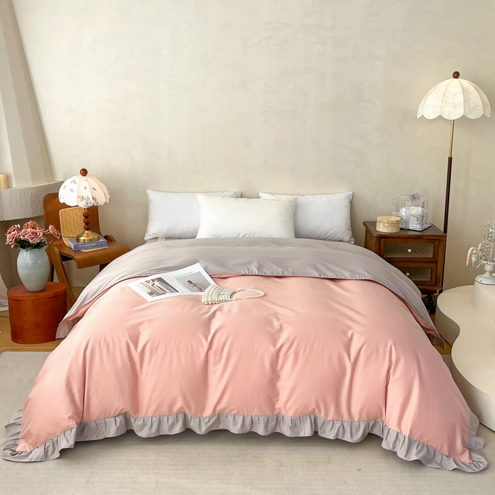 91家纺网 家纺一手货源 找家纺 艾迪尚家纺 2026法式韩版荷叶边纯色长绒棉纯棉单被套 云灰仙女粉