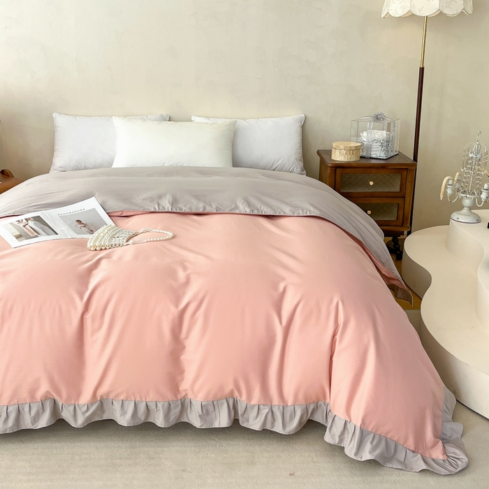 91家纺网 家纺一手货源 找家纺 艾迪尚家纺 2026法式韩版荷叶边纯色长绒棉纯棉单被套 云灰仙女粉