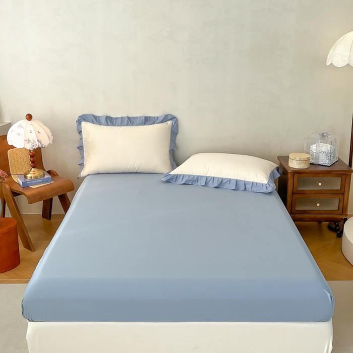 91家纺网 家纺一手货源 找家纺 艾迪尚家纺 2026法式韩版荷叶边纯色长绒棉纯棉单床笠单品床笠床笠单件 冰川蓝香草白