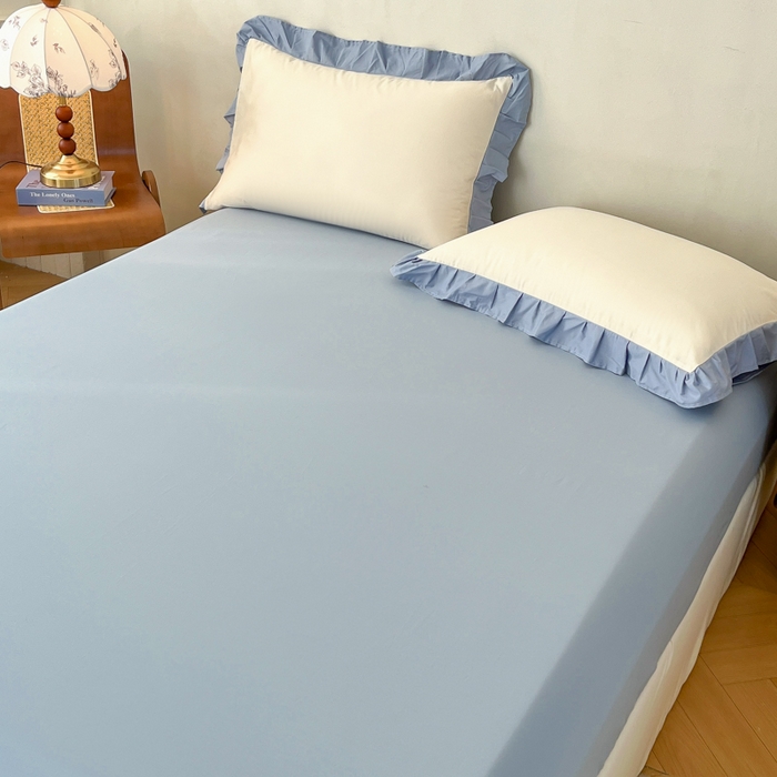91家纺网 家纺一手货源 找家纺 艾迪尚家纺 2026法式韩版荷叶边纯色长绒棉纯棉单床笠单品床笠床笠单件 冰川蓝香草白