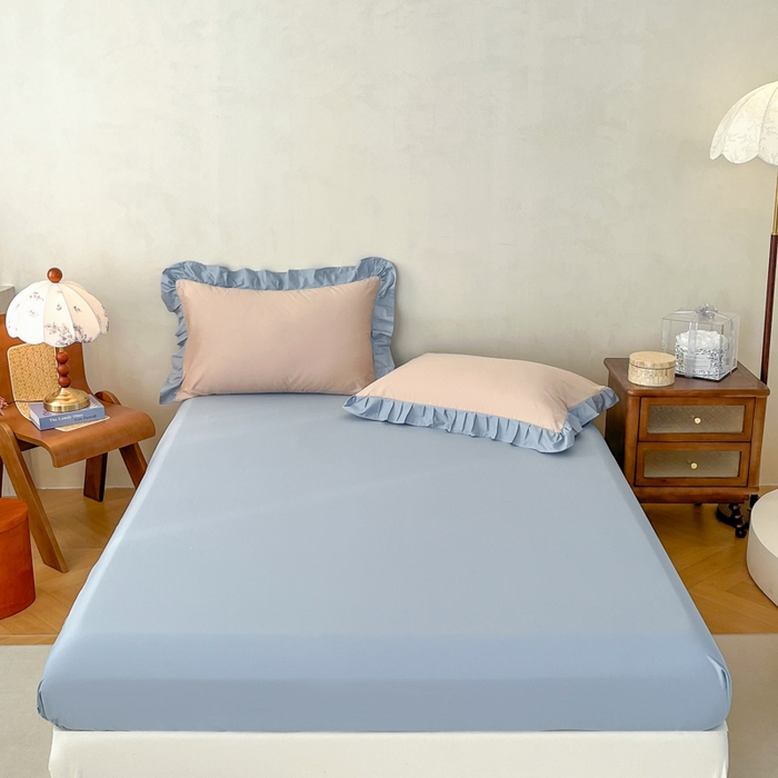 91家纺网 家纺一手货源 找家纺 艾迪尚家纺 2026法式韩版荷叶边纯色长绒棉纯棉单床笠单品床笠床笠单件 雾蓝杏语