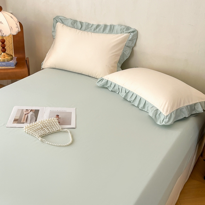 91家纺网 家纺一手货源 找家纺 艾迪尚家纺 2026法式韩版荷叶边纯色长绒棉纯棉单床笠单品床笠床笠单件 云白芽绿