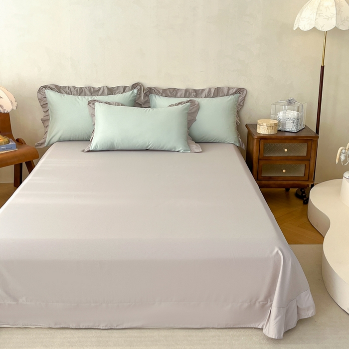 91家纺网 家纺一手货源 找家纺 艾迪尚家纺 2026法式韩版荷叶边纯色长绒棉纯棉单床单单品床单床单单件 薄荷青灰