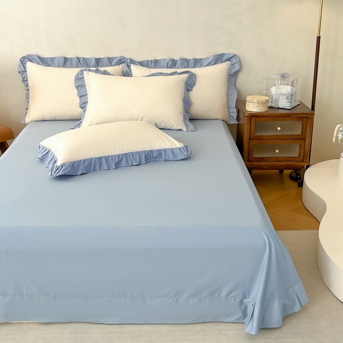 91家纺网 家纺一手货源 找家纺 艾迪尚家纺 2026法式韩版荷叶边纯色长绒棉纯棉单床单单品床单床单单件 冰川蓝香草白