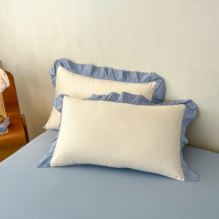 91家纺网 家纺一手货源 找家纺 艾迪尚家纺 2026法式韩版荷叶边纯色长绒棉纯棉单床单单品床单床单单件 冰川蓝香草白