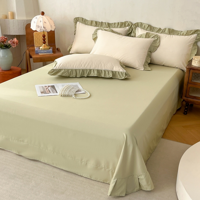 艾迪尚家纺 2026法式韩版荷叶边纯色长绒棉纯棉单床单单品床单床单单件 茉绿奶芙