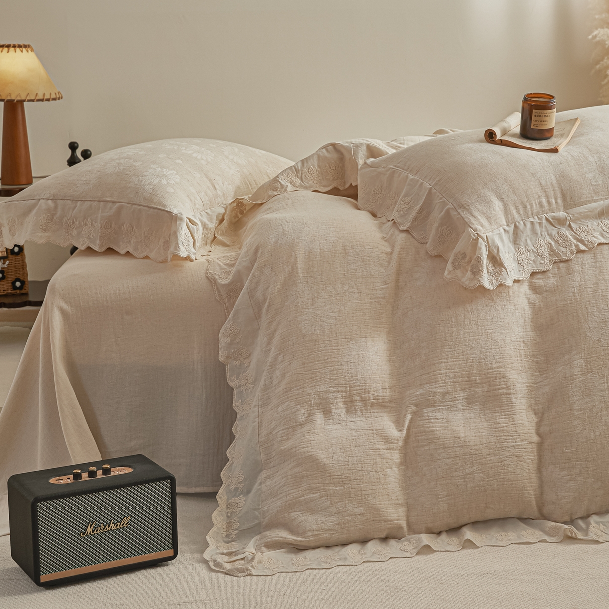 91家纺网 家纺一手货源 找家纺 KA家纺 2026春夏新款色织提花棉麻四件套花边款 花影素帛