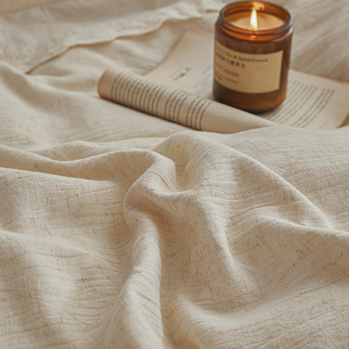 91家纺网 家纺一手货源 找家纺 KA家纺 2026春夏新款色织提花棉麻四件套花边款 花影素帛