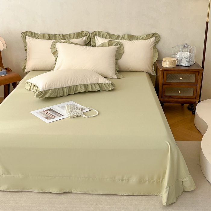 91家纺网 家纺一手货源 找家纺 艾迪尚家纺 2026法式韩版荷叶边纯色长绒棉纯棉单床单单品床单床单单件 茉绿奶芙