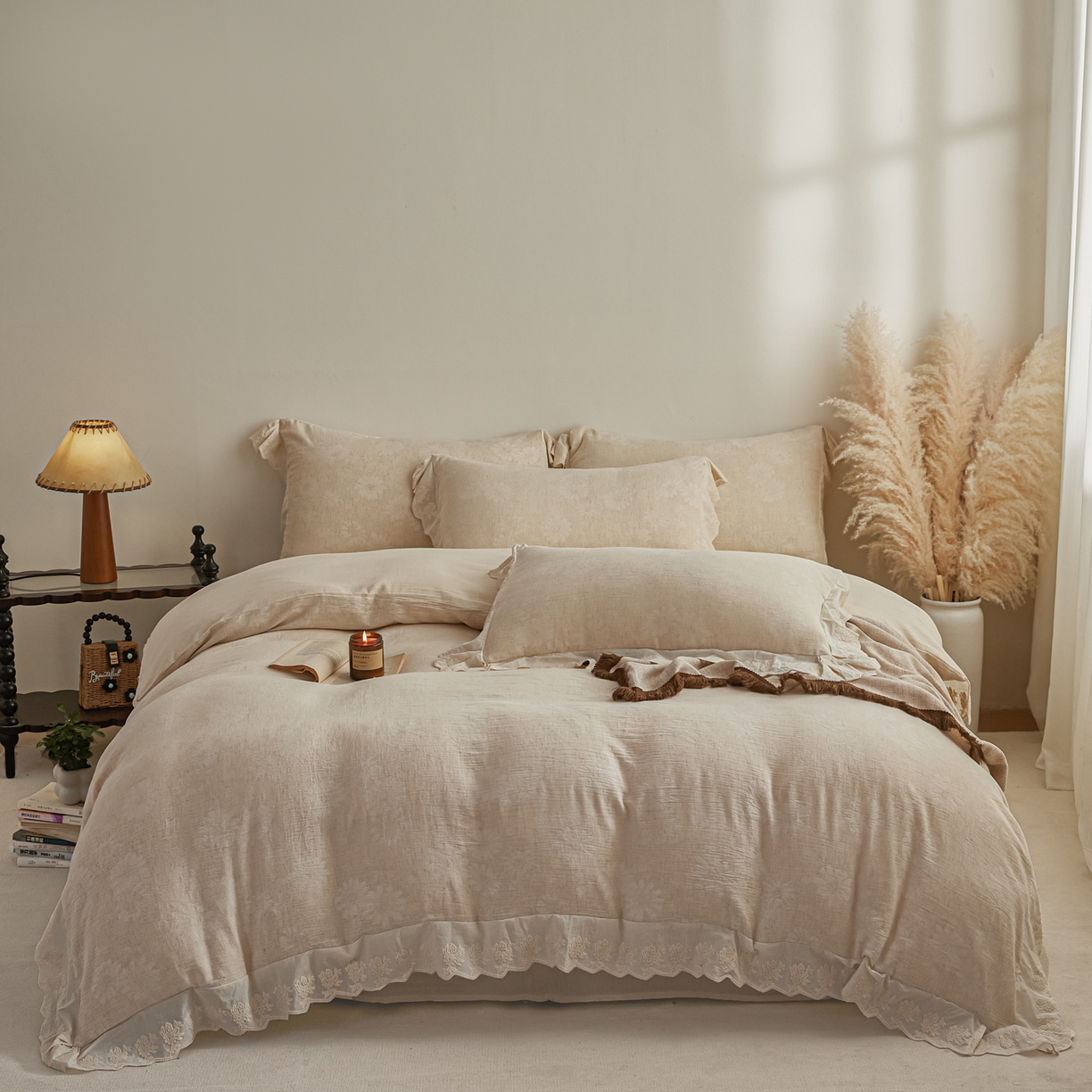 91家纺网 家纺一手货源 找家纺 KA家纺 2026春夏新款色织提花棉麻四件套花边款 花影素帛