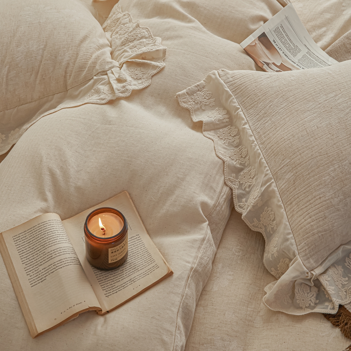 91家纺网 家纺一手货源 找家纺 KA家纺 2026春夏新款色织提花棉麻四件套花边款 花影素帛