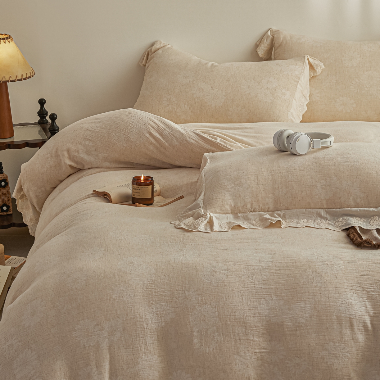 91家纺网 家纺一手货源 找家纺 KA家纺 2026春夏新款色织提花棉麻四件套花边款 花影素帛