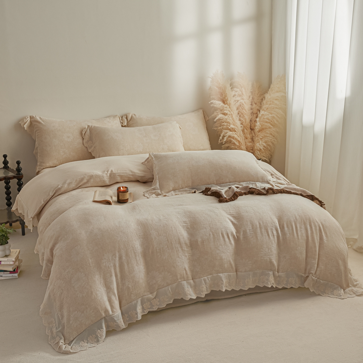 91家纺网 家纺一手货源 找家纺 KA家纺 2026春夏新款色织提花棉麻四件套花边款 花影素帛