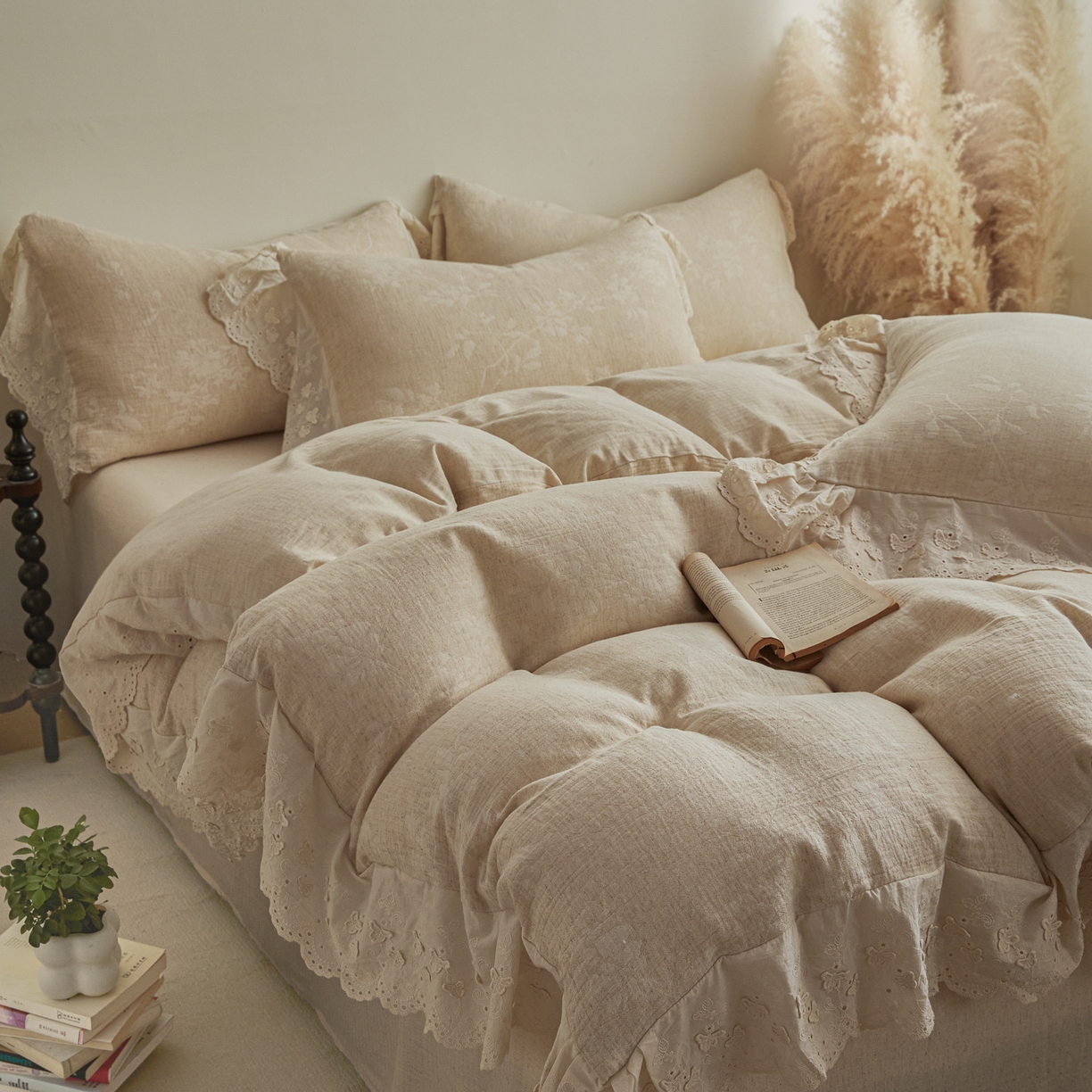 91家纺网 家纺一手货源 找家纺 KA家纺 2026春夏新款色织提花棉麻四件套花边款 繁花绵语