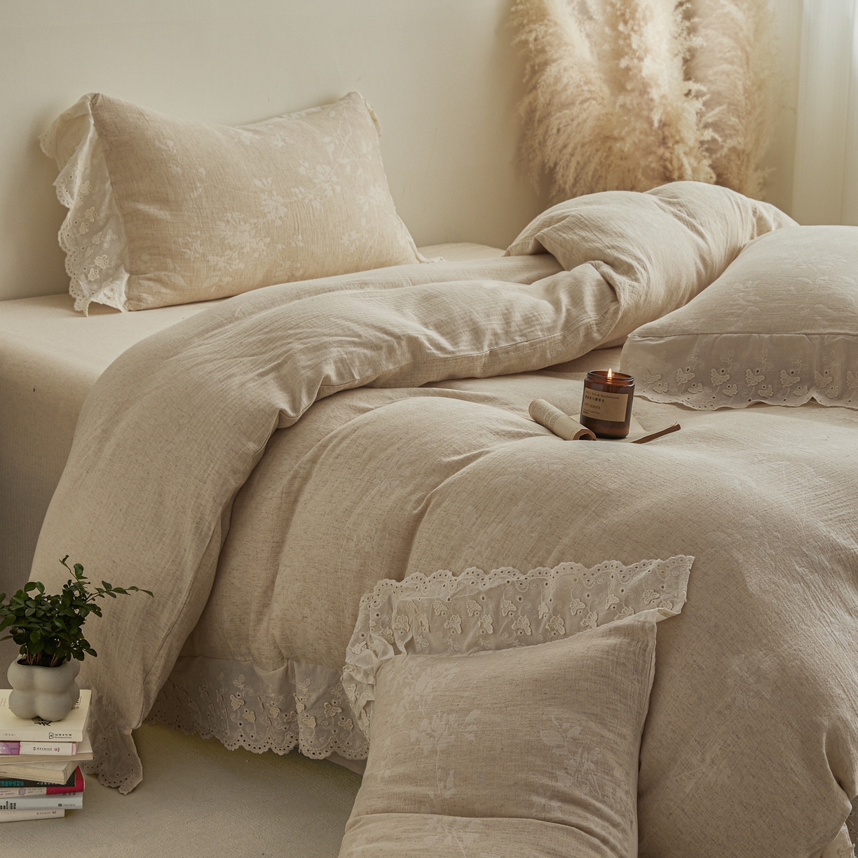 91家纺网 家纺一手货源 找家纺 KA家纺 2026春夏新款色织提花棉麻四件套花边款 繁花绵语