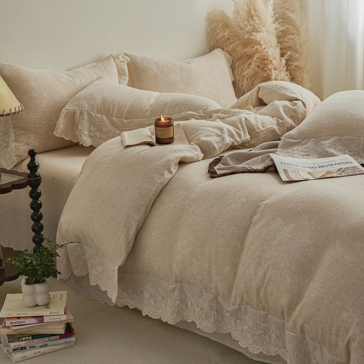 91家纺网 家纺一手货源 找家纺 KA家纺 2026春夏新款色织提花棉麻四件套花边款 繁花绵语