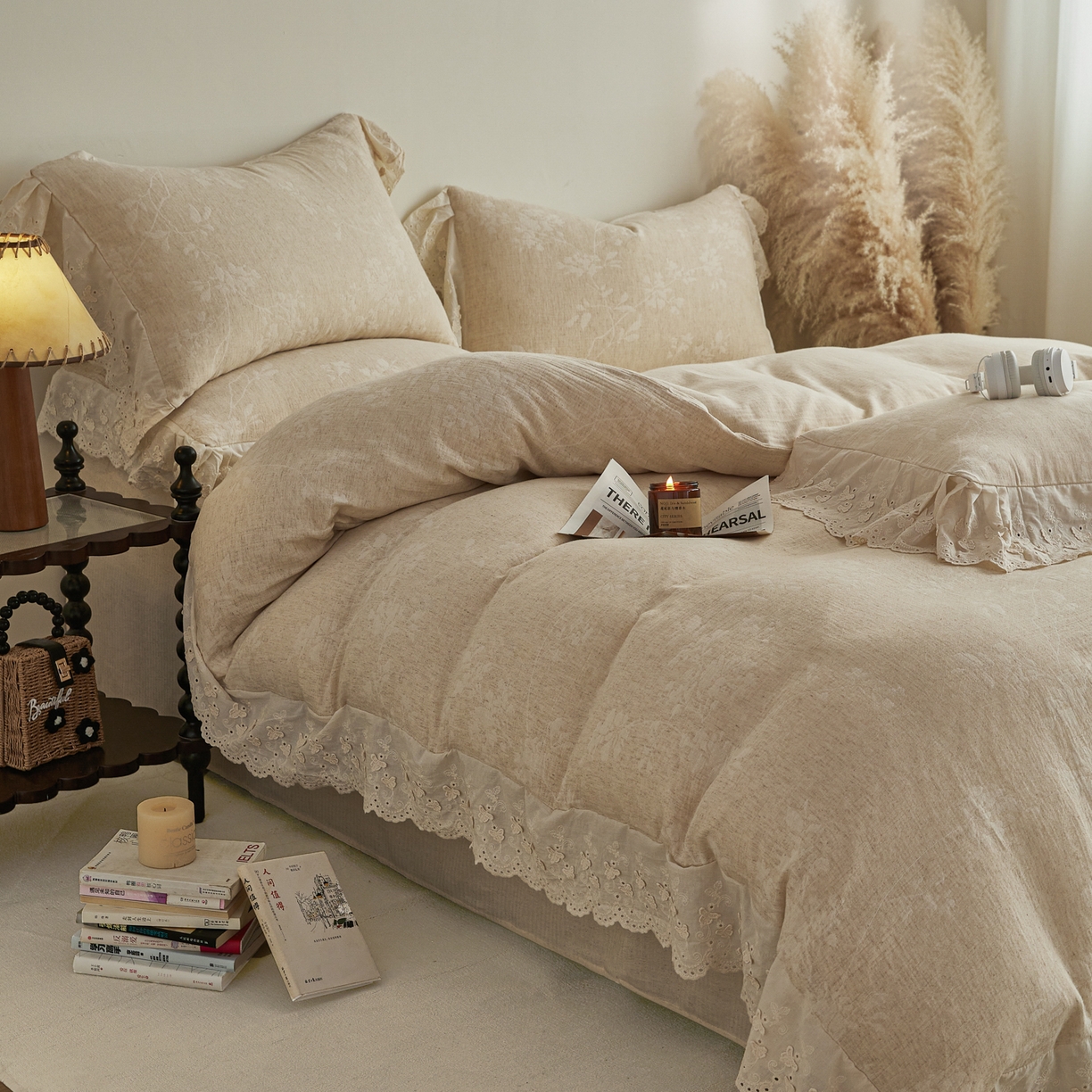 91家纺网 家纺一手货源 找家纺 KA家纺 2026春夏新款色织提花棉麻四件套花边款 繁花绵语