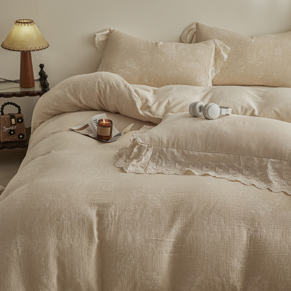 91家纺网 家纺一手货源 找家纺 KA家纺 2026春夏新款色织提花棉麻四件套花边款 繁花绵语