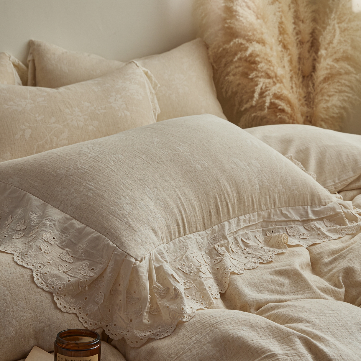 91家纺网 家纺一手货源 找家纺 KA家纺 2026春夏新款色织提花棉麻四件套花边款 繁花绵语