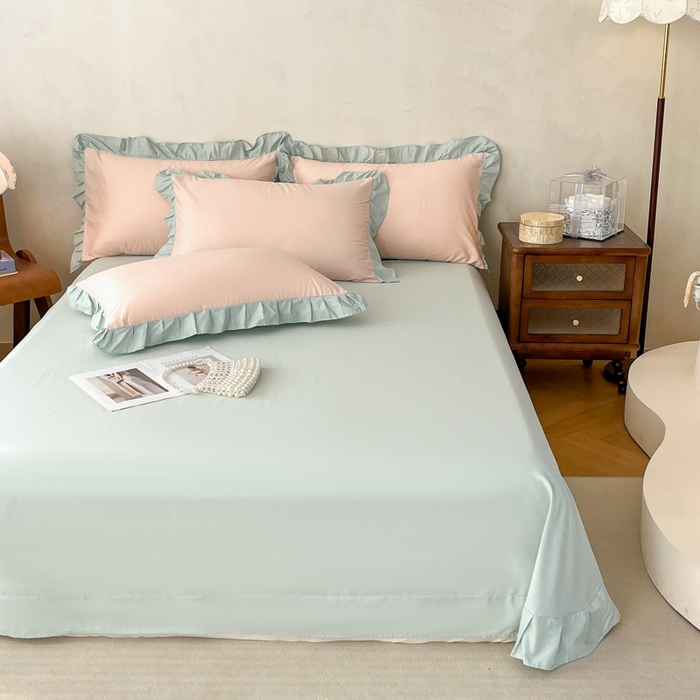 91家纺网 家纺一手货源 找家纺 艾迪尚家纺 2026法式韩版荷叶边纯色长绒棉纯棉单床单单品床单床单单件 柔杏浅绿