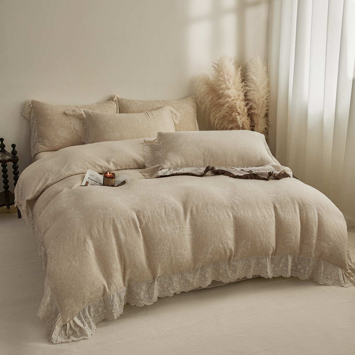 91家纺网 家纺一手货源 找家纺 KA家纺 2026春夏新款色织提花棉麻四件套花边款 繁花绵语