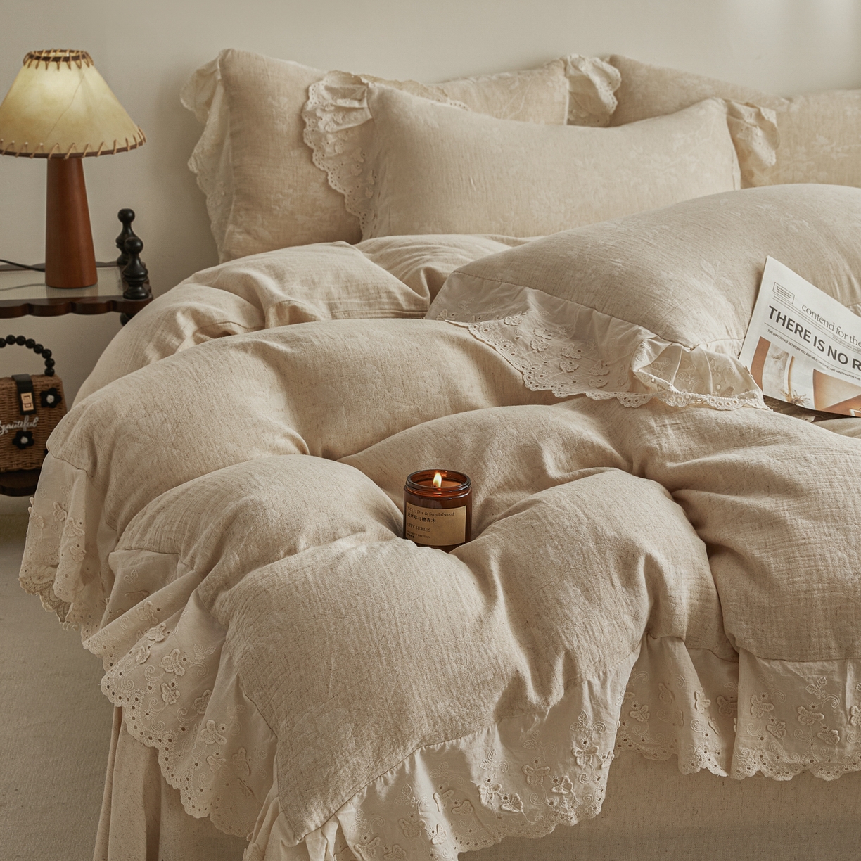 91家纺网 家纺一手货源 找家纺 KA家纺 2026春夏新款色织提花棉麻四件套花边款 繁花绵语