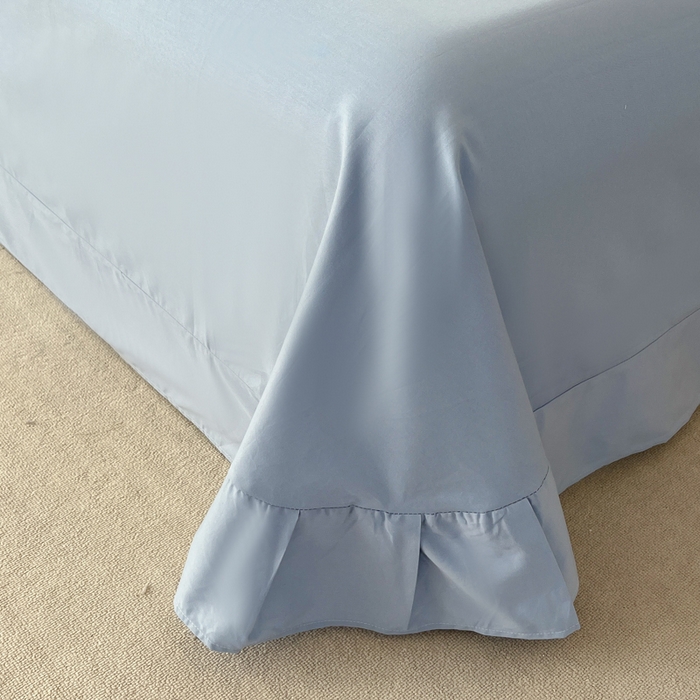 91家纺网 家纺一手货源 找家纺 艾迪尚家纺 2026法式韩版荷叶边纯色长绒棉纯棉单床单单品床单床单单件 雾蓝杏语