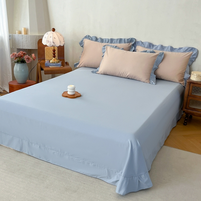 艾迪尚家纺 2026法式韩版荷叶边纯色长绒棉纯棉单床单单品床单床单单件 雾蓝杏语