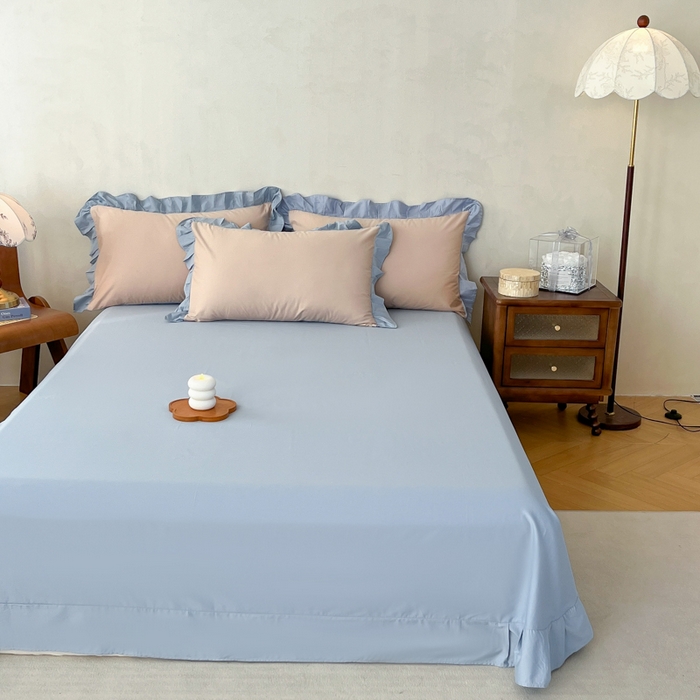 91家纺网 家纺一手货源 找家纺 艾迪尚家纺 2026法式韩版荷叶边纯色长绒棉纯棉单床单单品床单床单单件 雾蓝杏语