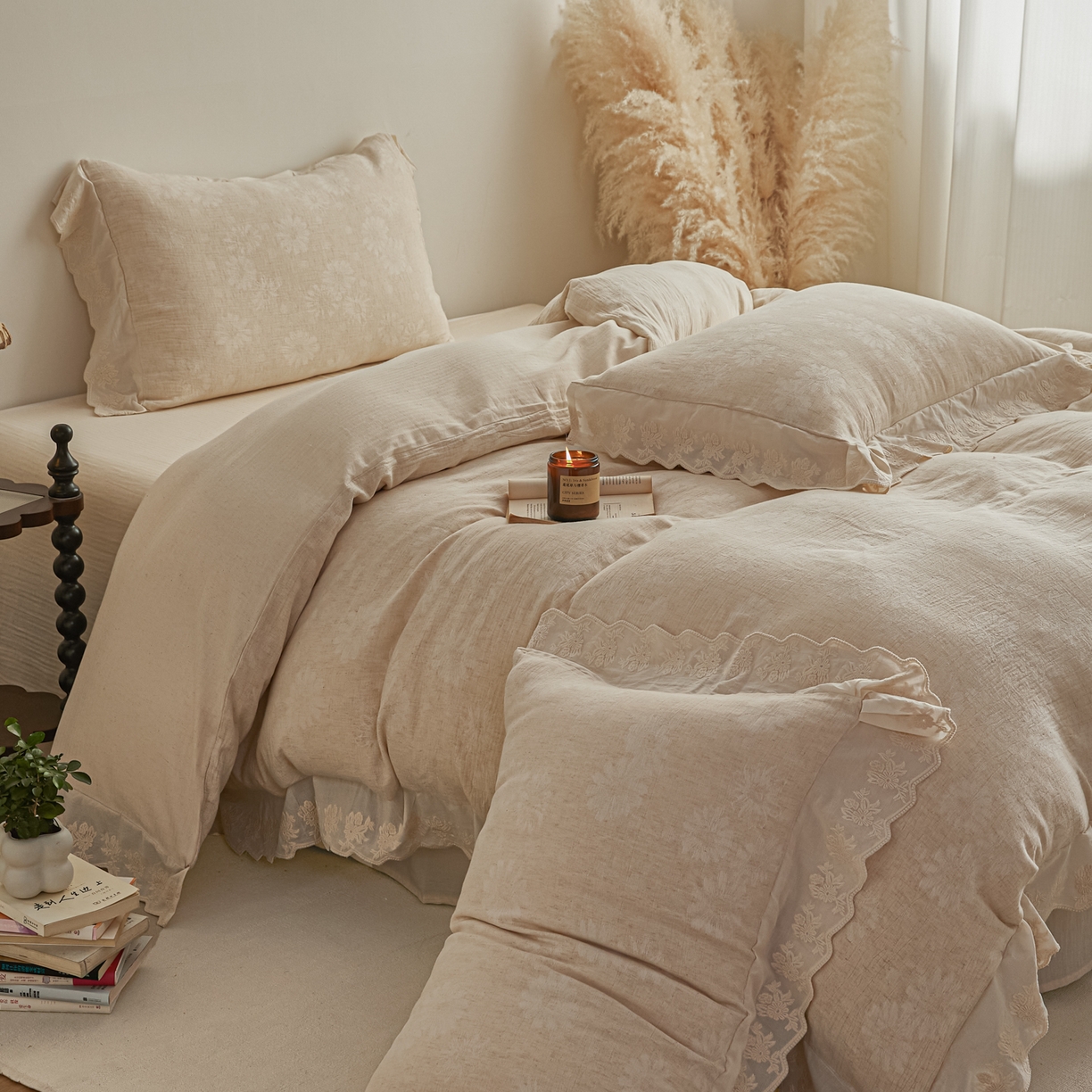 91家纺网 家纺一手货源 找家纺 （总）KA家纺 2026春夏新款色织提花棉麻四件套花边款