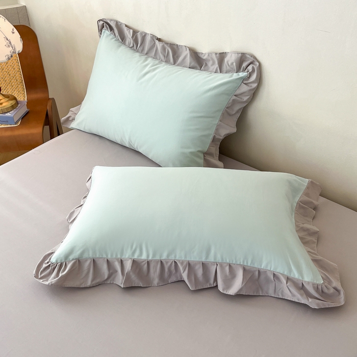 艾迪尚家纺 2026新款法式韩版荷叶边纯色长绒棉单品枕套系列 薄荷青灰