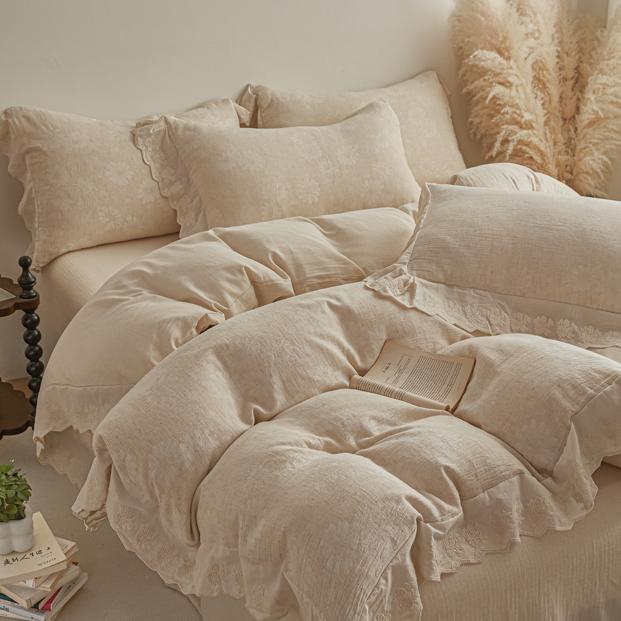 91家纺网 家纺一手货源 找家纺 （总）KA家纺 2026春夏新款色织提花棉麻四件套花边款