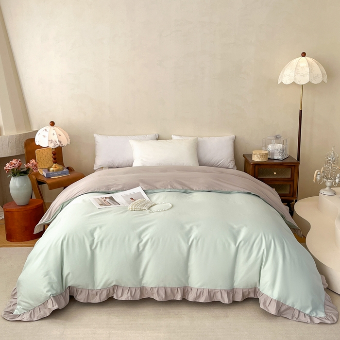 91家纺网 家纺一手货源 找家纺 艾迪尚家纺 2026新款法式韩版荷叶边纯色长绒棉单品枕套系列 薄荷青灰