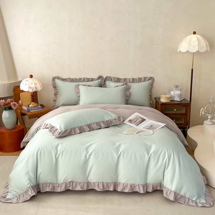 91家纺网 家纺一手货源 找家纺 艾迪尚家纺 2026新款法式韩版荷叶边纯色长绒棉单品枕套系列 薄荷青灰