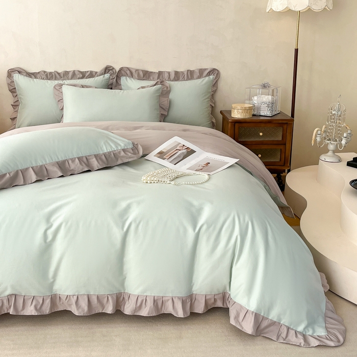 91家纺网 家纺一手货源 找家纺 艾迪尚家纺 2026新款法式韩版荷叶边纯色长绒棉单品枕套系列 薄荷青灰