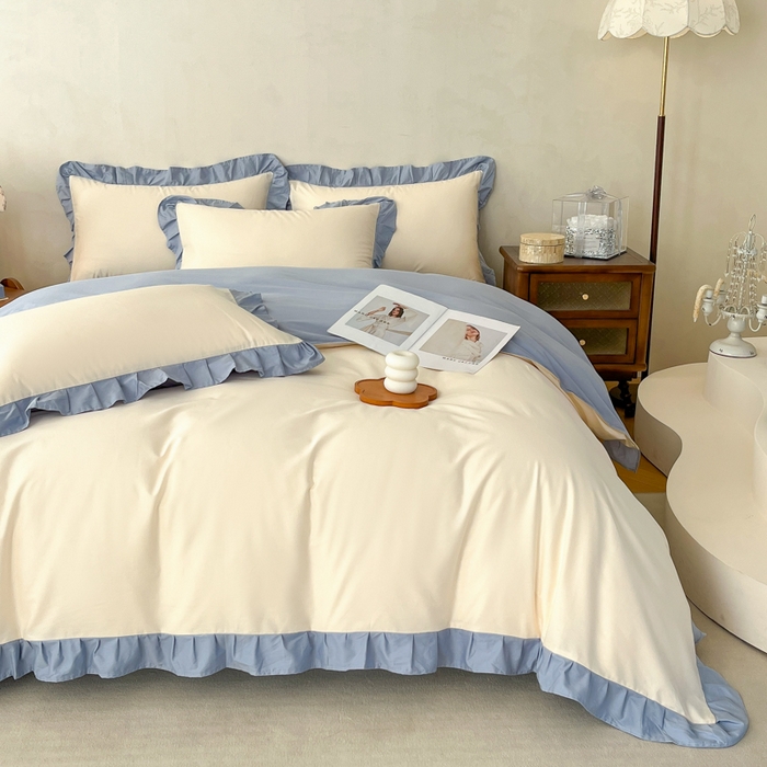 91家纺网 家纺一手货源 找家纺 艾迪尚家纺 2026新款法式韩版荷叶边纯色长绒棉单品枕套系列 冰川蓝香草白