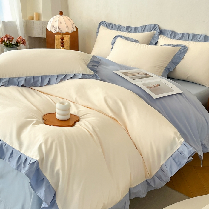 91家纺网 家纺一手货源 找家纺 艾迪尚家纺 2026新款法式韩版荷叶边纯色长绒棉单品枕套系列 冰川蓝香草白