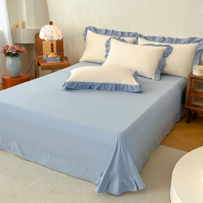 91家纺网 家纺一手货源 找家纺 艾迪尚家纺 2026新款法式韩版荷叶边纯色长绒棉单品枕套系列 冰川蓝香草白