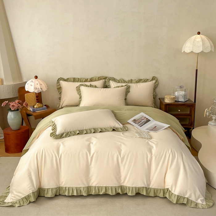 91家纺网 家纺一手货源 找家纺 艾迪尚家纺 2026新款法式韩版荷叶边纯色长绒棉单品枕套系列 茉绿奶芙