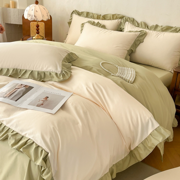 91家纺网 家纺一手货源 找家纺 艾迪尚家纺 2026新款法式韩版荷叶边纯色长绒棉单品枕套系列 茉绿奶芙