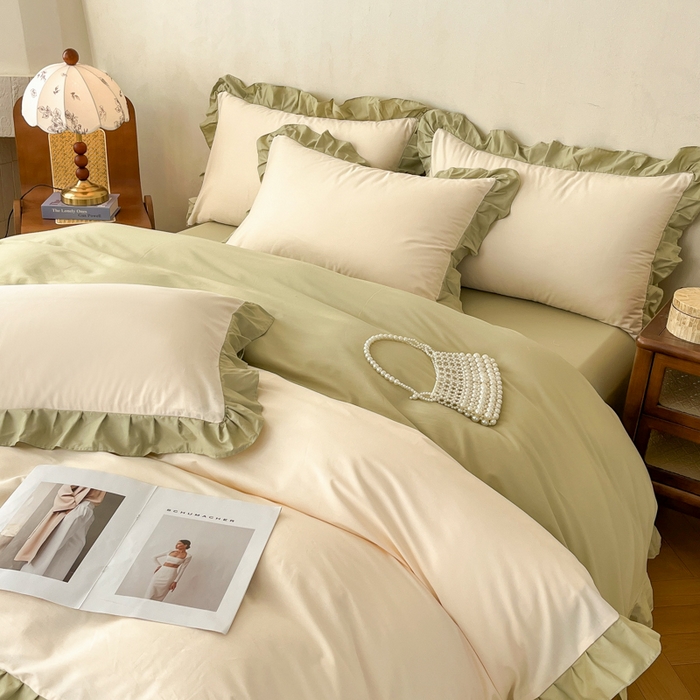 91家纺网 家纺一手货源 找家纺 艾迪尚家纺 2026新款法式韩版荷叶边纯色长绒棉单品枕套系列 茉绿奶芙