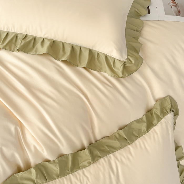 91家纺网 家纺一手货源 找家纺 艾迪尚家纺 2026新款法式韩版荷叶边纯色长绒棉单品枕套系列 茉绿奶芙