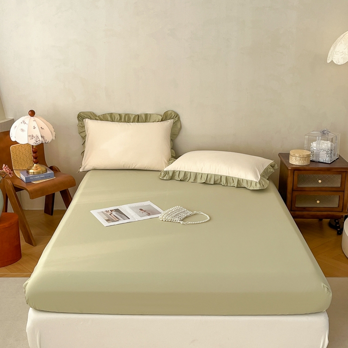 91家纺网 家纺一手货源 找家纺 艾迪尚家纺 2026新款法式韩版荷叶边纯色长绒棉单品枕套系列 茉绿奶芙