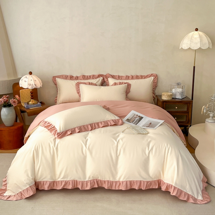 91家纺网 家纺一手货源 找家纺 艾迪尚家纺 2026新款法式韩版荷叶边纯色长绒棉单品枕套系列 奶芙慕粉