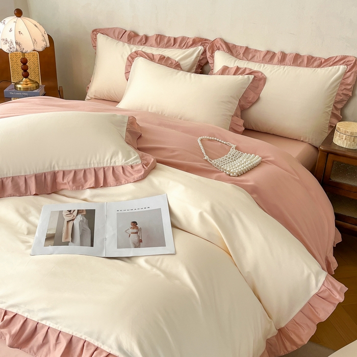 91家纺网 家纺一手货源 找家纺 艾迪尚家纺 2026新款法式韩版荷叶边纯色长绒棉单品枕套系列 奶芙慕粉