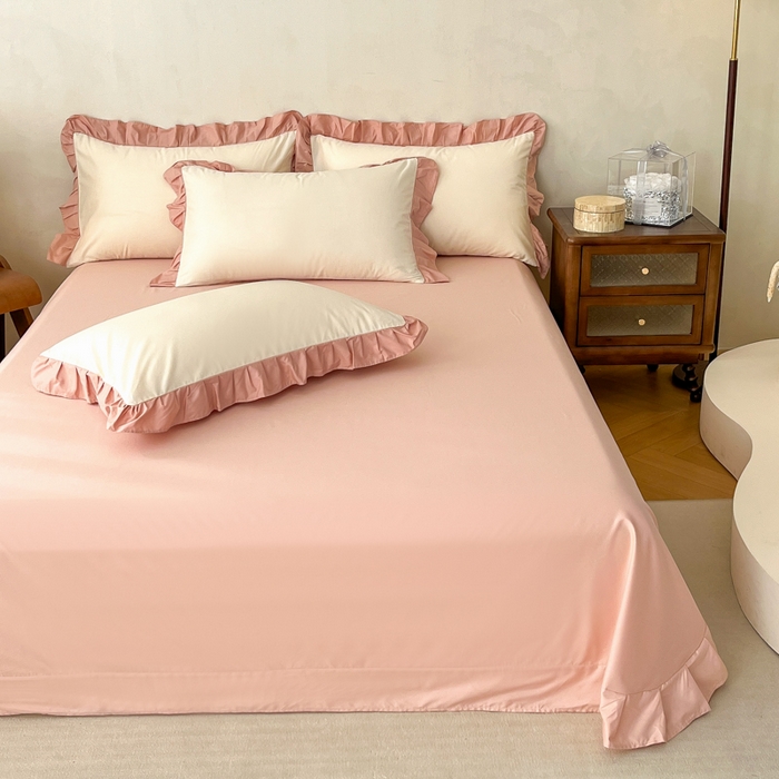 91家纺网 家纺一手货源 找家纺 艾迪尚家纺 2026新款法式韩版荷叶边纯色长绒棉单品枕套系列 奶芙慕粉