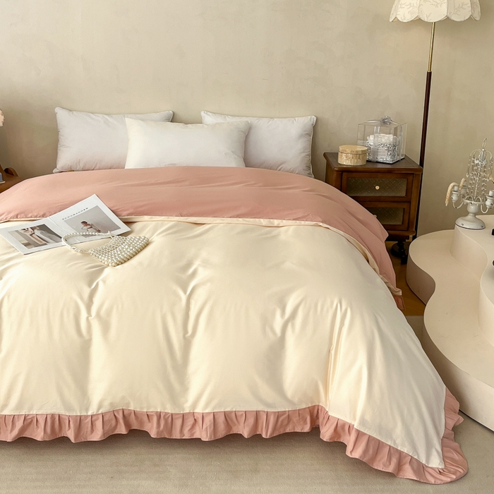 91家纺网 家纺一手货源 找家纺 艾迪尚家纺 2026新款法式韩版荷叶边纯色长绒棉单品枕套系列 奶芙慕粉