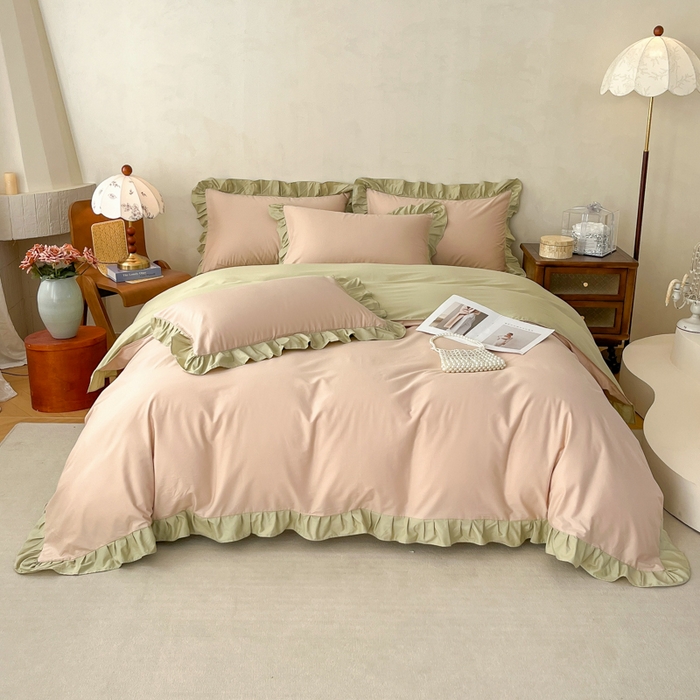 91家纺网 家纺一手货源 找家纺 艾迪尚家纺 2026新款法式韩版荷叶边纯色长绒棉单品枕套系列 青提絮语