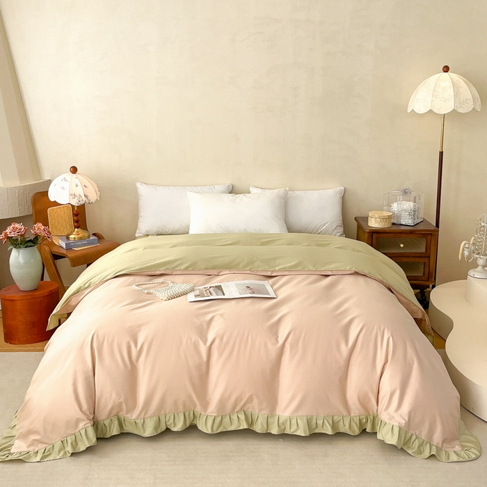 91家纺网 家纺一手货源 找家纺 艾迪尚家纺 2026新款法式韩版荷叶边纯色长绒棉单品枕套系列 青提絮语